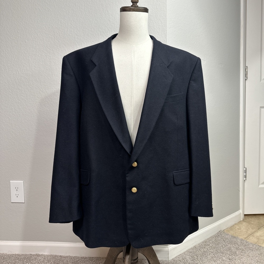 VTG JD Christopher Blazer‎ Men 50R Navy Blue Gold Button Flannel Wool Sport Coat